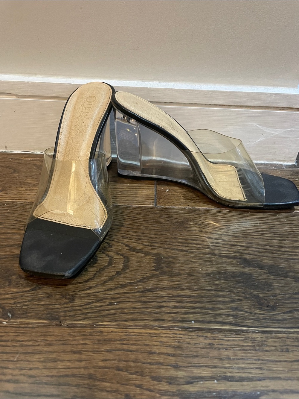 Clear Strap Black Square-Toe Wedge Sandals by